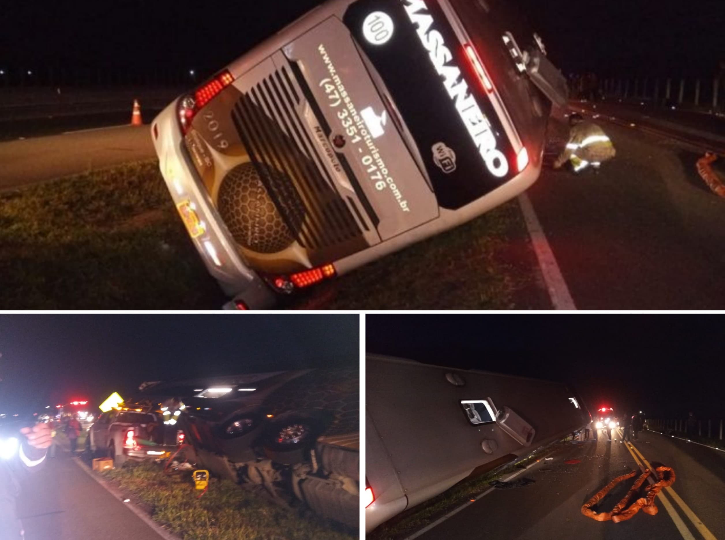 Uma criança e duas mulheres ficam feridas após ônibus de turismo tombar na BR-101