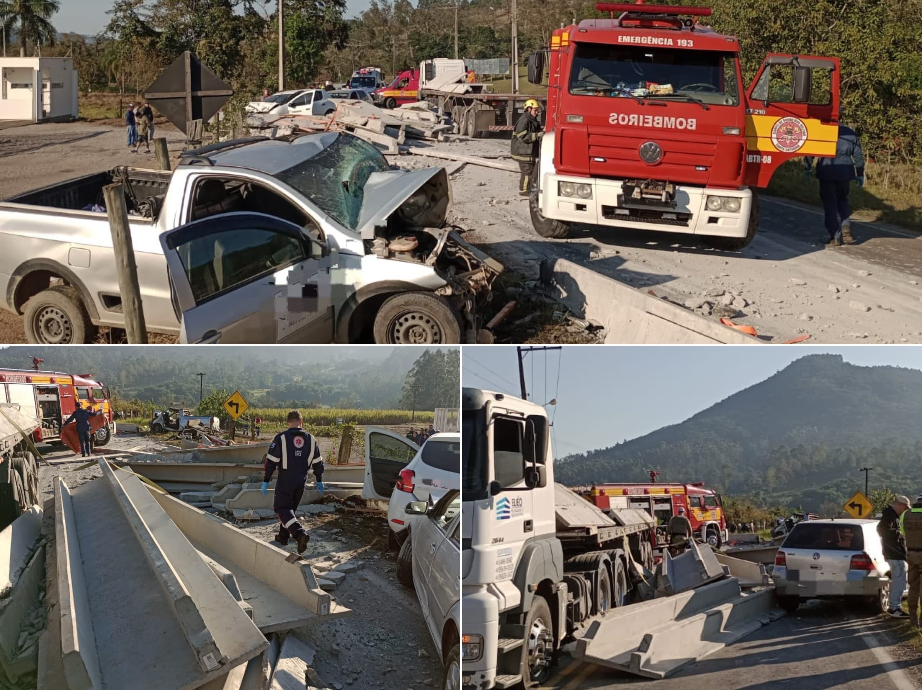 Blocos de concreto caem de caminhão, atingem carros e motorista fica preso às ferragens