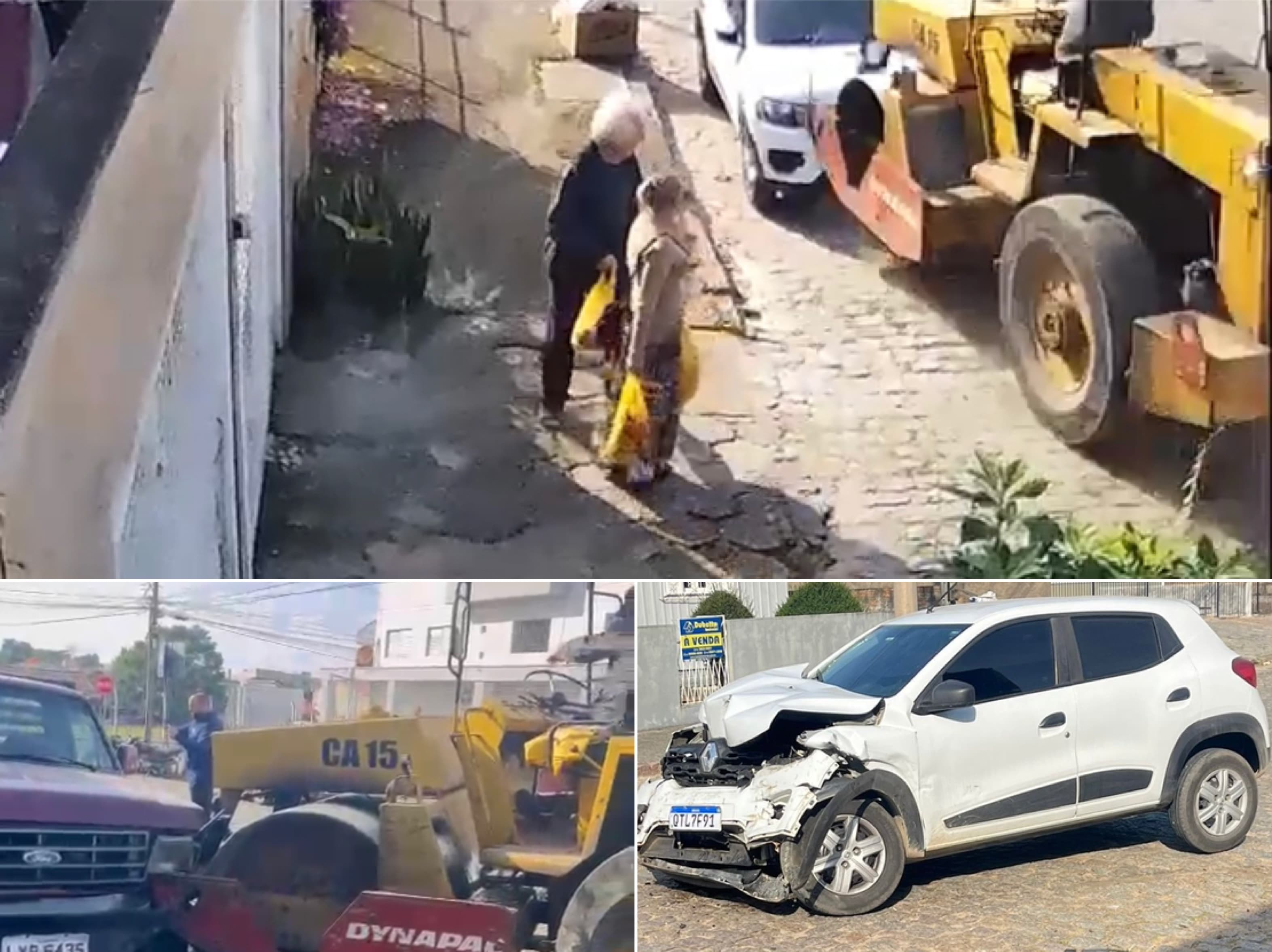 Rolo compressor desgovernado atinge carros e por pouco não atropela pedestres