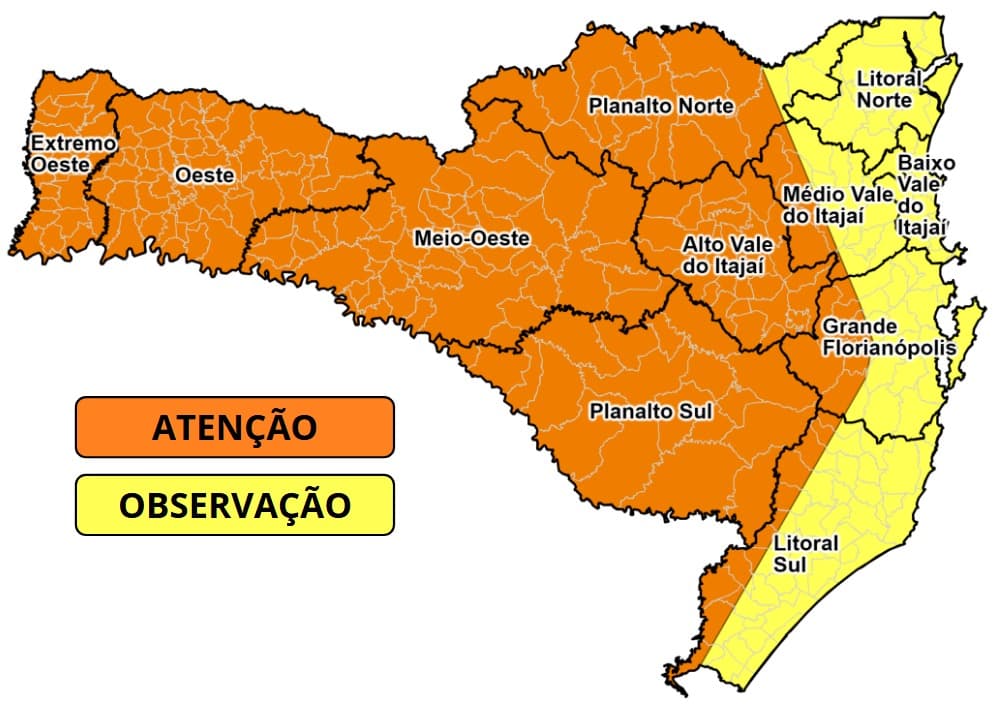 Defesa Civil de SC emite alerta para temporais entre estas quarta (4) e quinta-feira (5)