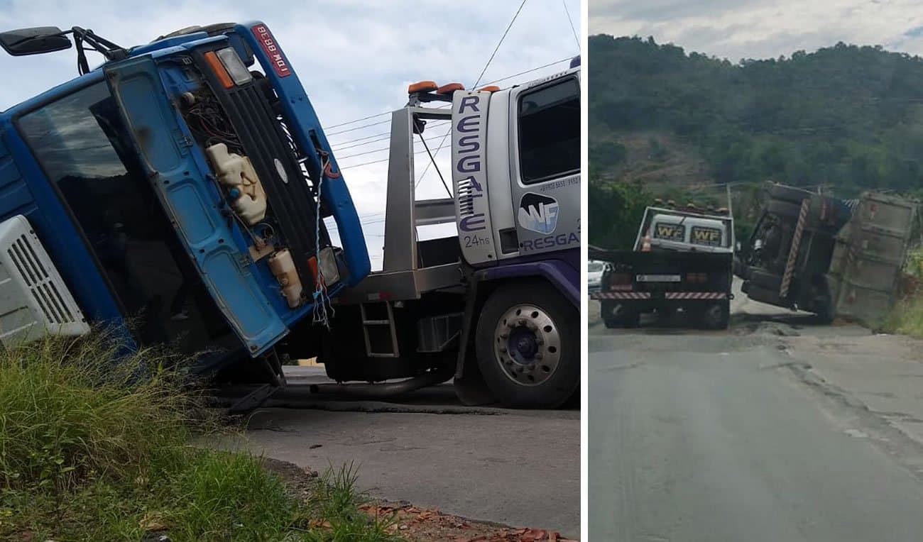 Caminhão cai de cima de guincho, na SC-370
