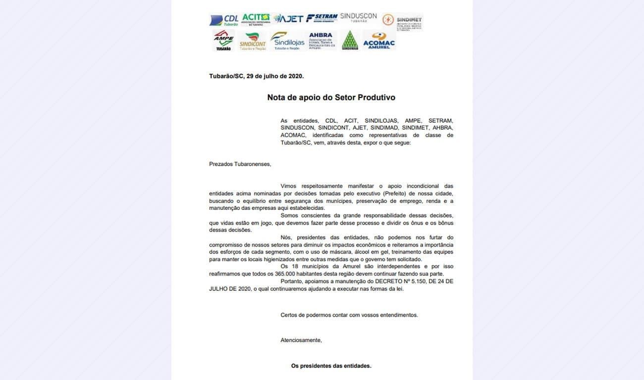 Setor produtivo declara apoio às decisões do município para o combate ao coronavírus