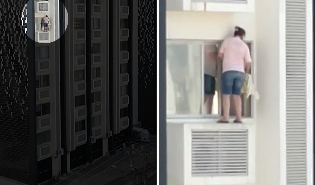 Do 5º andar, mulher se arrisca para limpar lado externo de janela, no EJB