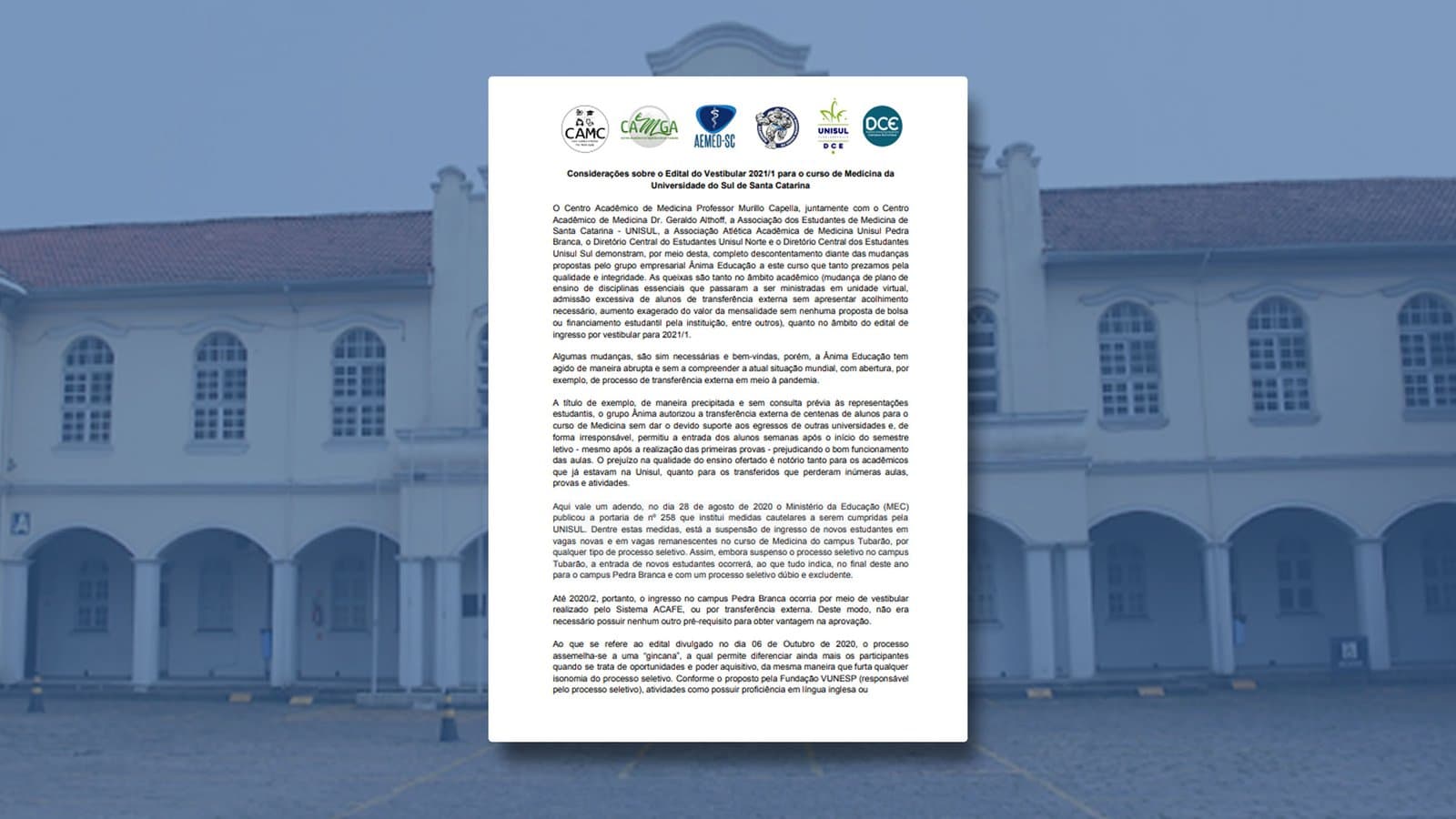 Entidades estudantis emitem nota contra Unisul/Ânima por mudanças no curso de Medicina