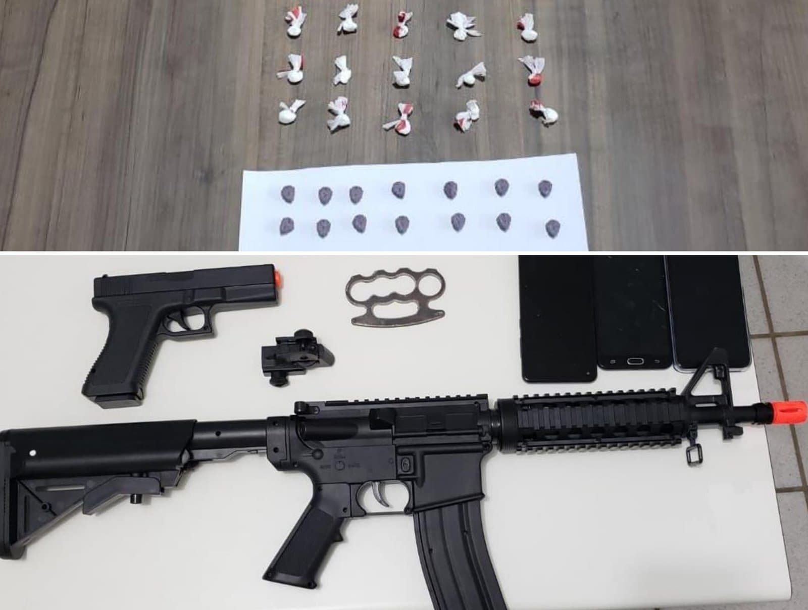 Dupla é presa com drogas e simulacros de armas