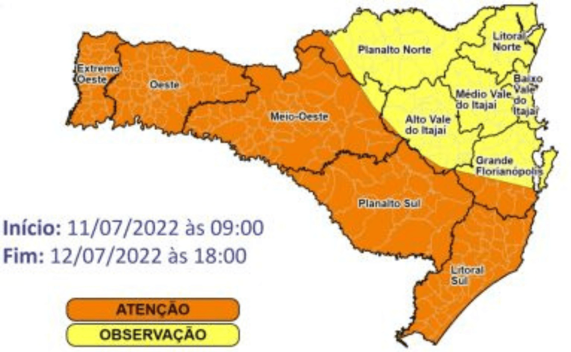 Alerta de ventos fortes de até 90 km/h é emitido em SC