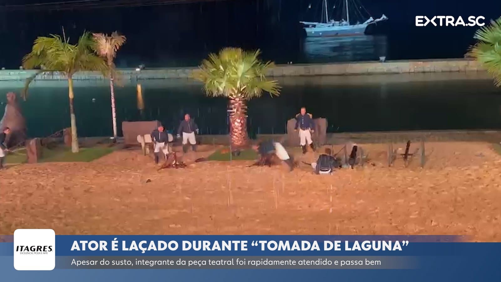 Ator é laçado e arrastado durante apresentação da "Tomada de Laguna"