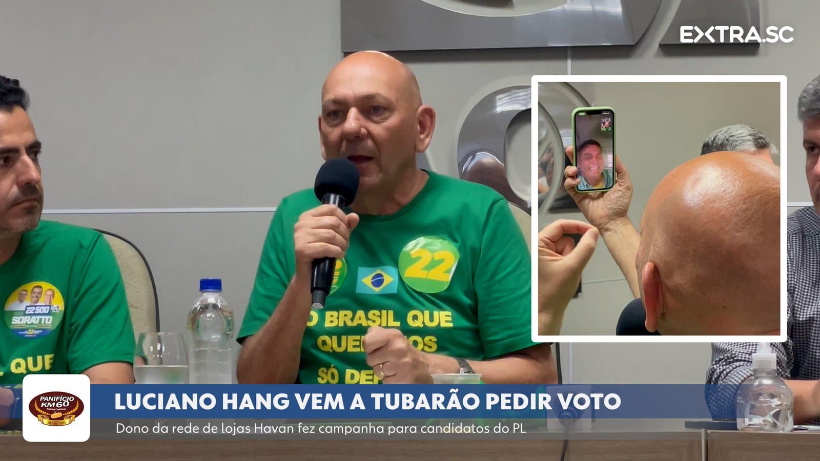 Em Tubarão, Luciano Hang pede voto para candidatos do PL e faz chamada de vídeo com o presidente Bolsonaro