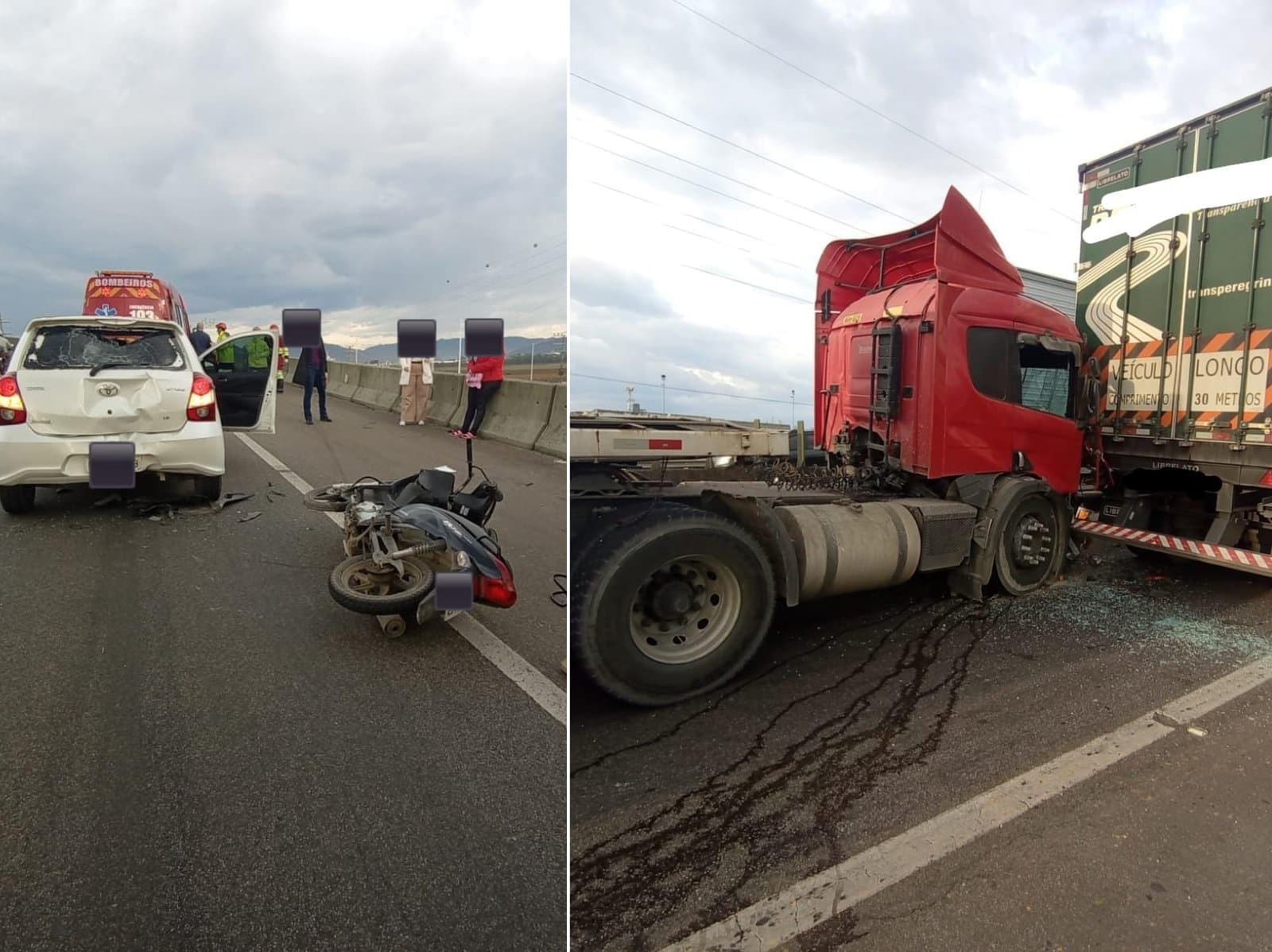 Duas mulheres ficam feridas em acidente envolvendo motocicleta, carro e dois caminhões