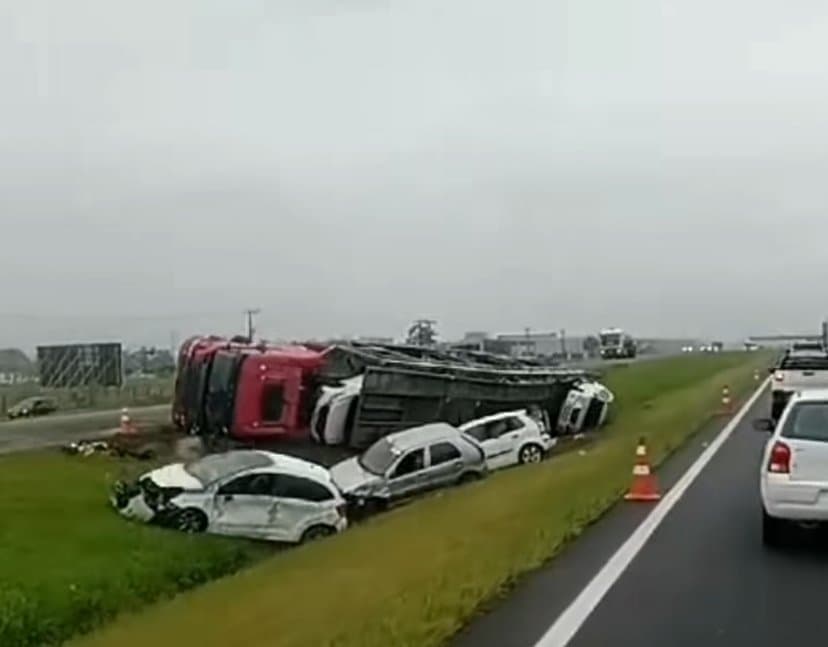 Caminhão carregado de carros tomba na BR-101