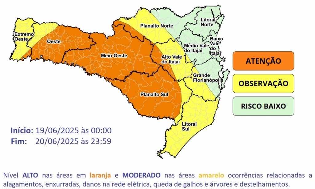 SC tem previsão de chuva intensa e risco de temporais entre estas quinta (19) e sexta-feira (20)
