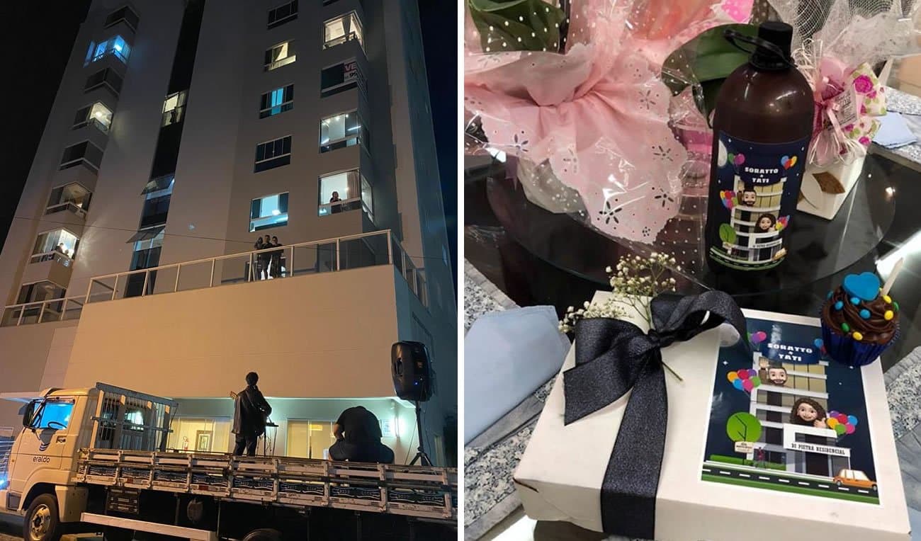 Em quarentena, vizinhos fazem festa de aniversário com cada um em seu apartamento