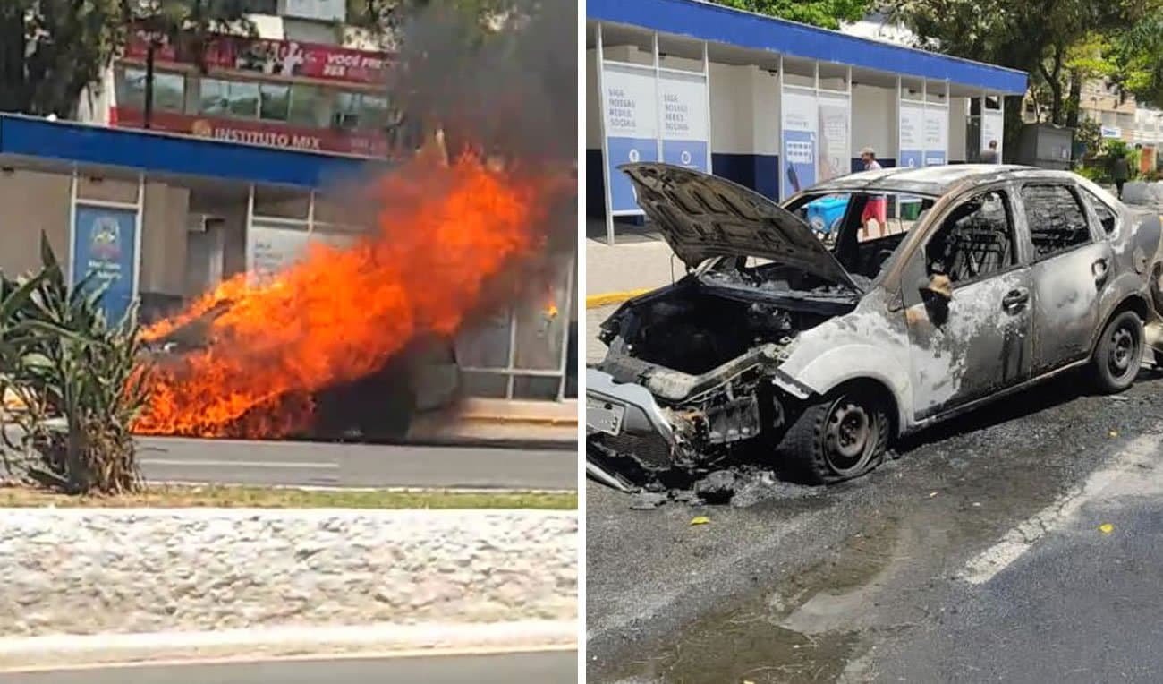 Carro é destruído por incêndio, no Centro