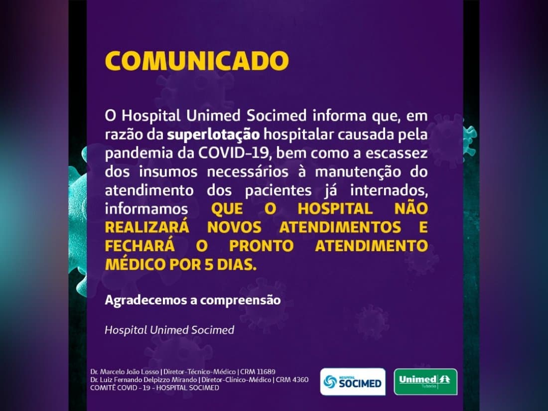 Hospital Socimed comunica que não atenderá novos pacientes por causa da superlotação