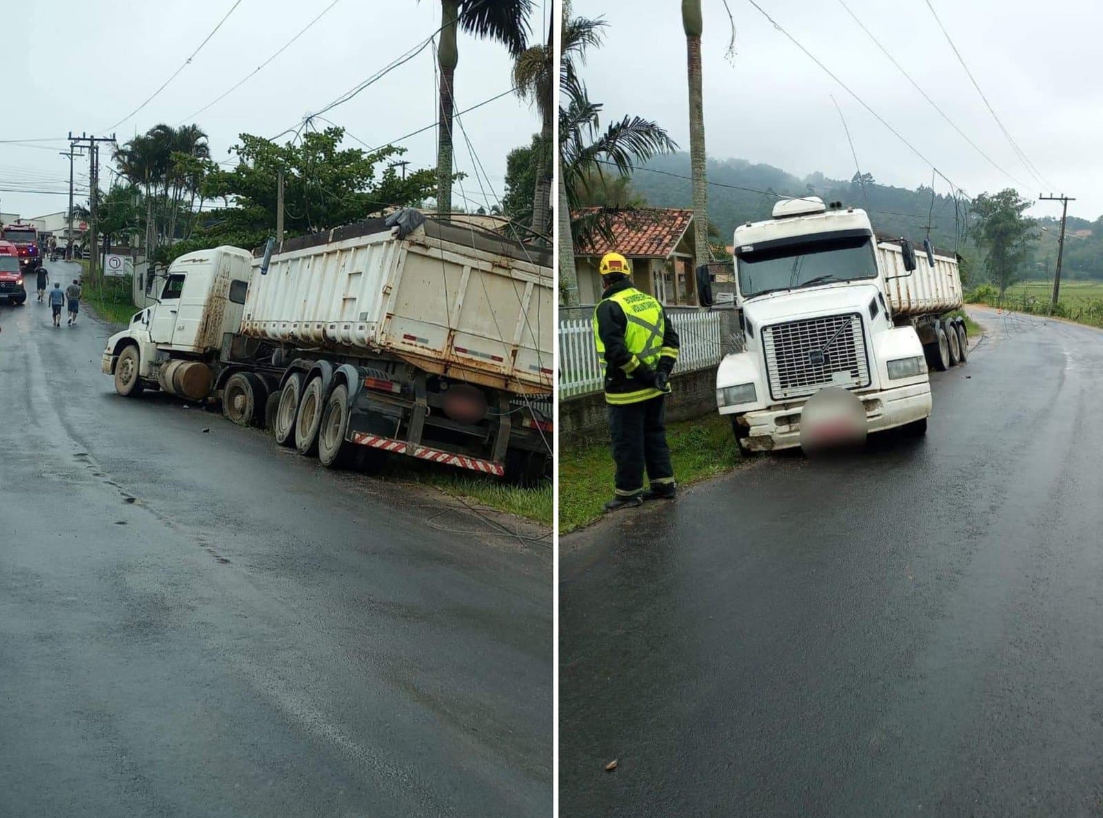 Poste e muros são atingidos por caminhão desgovernado