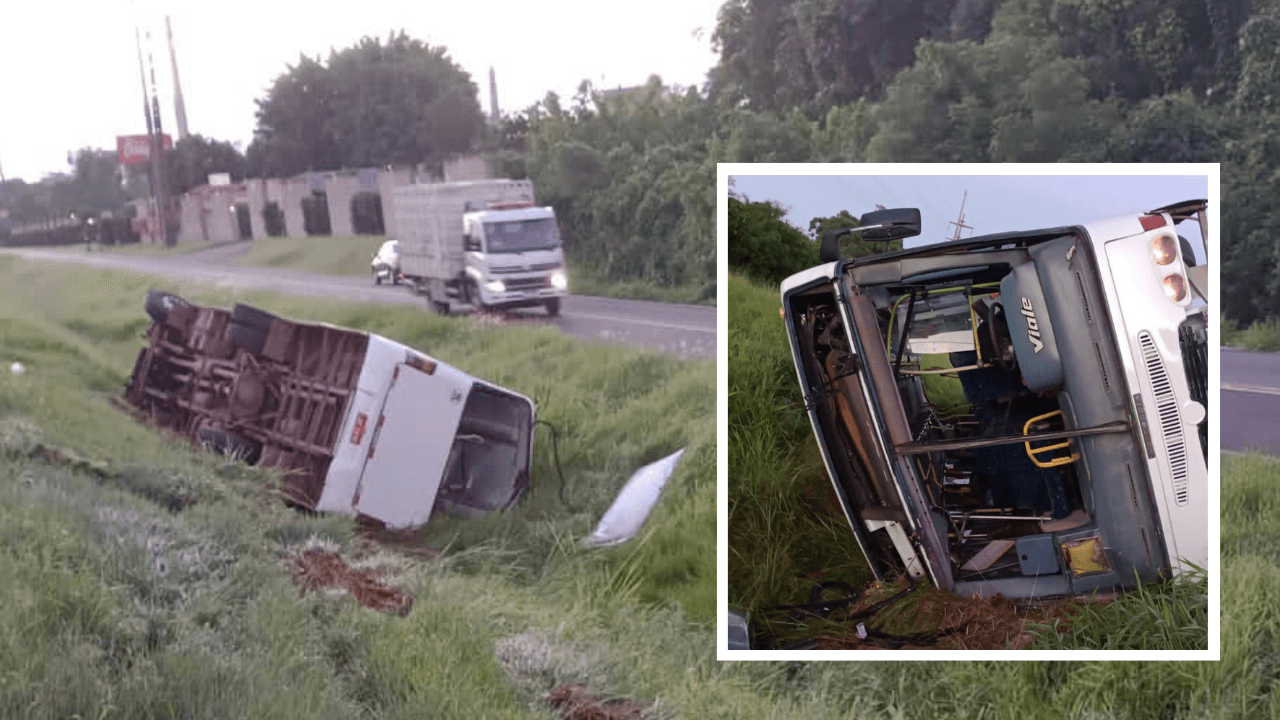 Nove trabalhadores ficam feridos em tombamento de ônibus